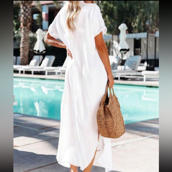 Boho Batwing Sleeve Split Thigh Longline Button Down Shirt White - Picture 2 of 4